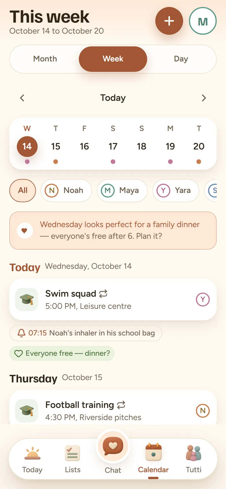 Tutti's calendar for the week of 14 to 20 October, with a filter for each person. A note says Wednesday looks perfect for a family dinner, as everyone's free after 6. Today has Yara's swim squad at 5pm at the leisure centre and a 7:15 reminder to put Noah's inhaler in his school bag; Thursday has Noah's football training at 4:30pm.