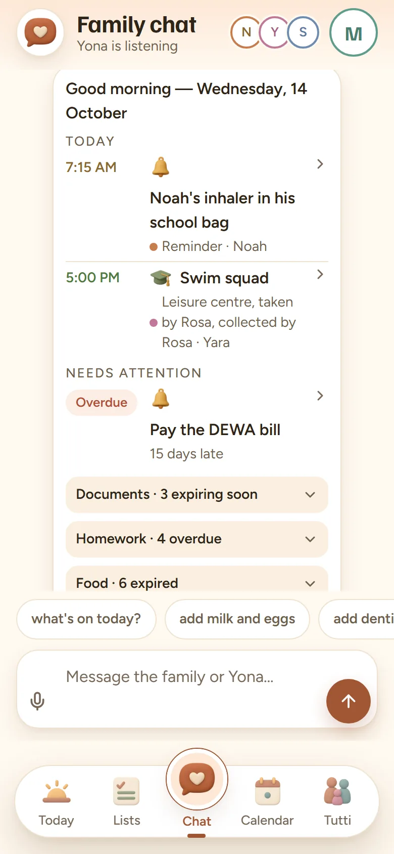 The assistant's morning brief in the family chat for Wednesday 14 October: a 7:15 reminder for Noah's inhaler, Yara's swim squad at 5pm with Rosa taking and collecting her, the DEWA bill 15 days overdue, and folded lists of three documents expiring soon, four overdue homework tasks and six foods past their date.