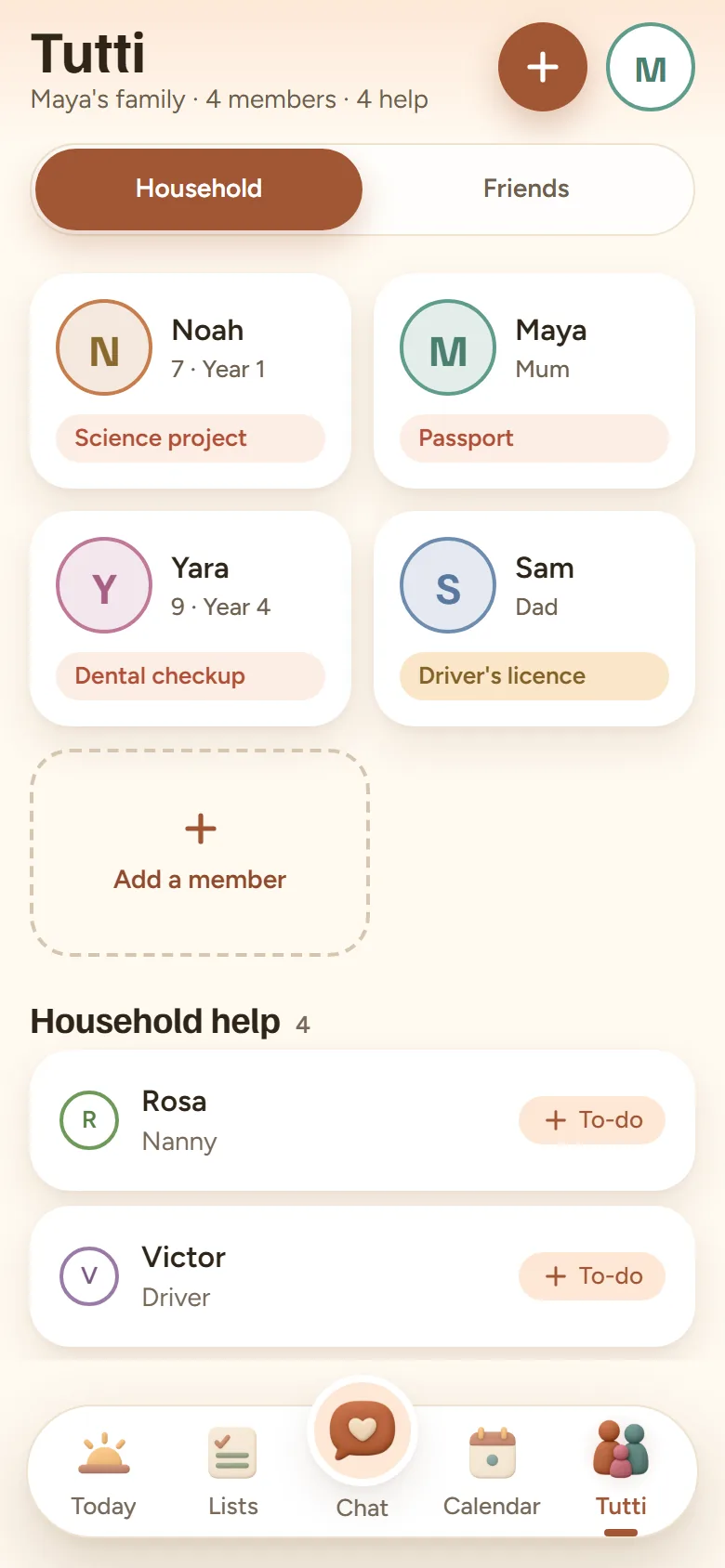 Maya's family in Tutti: Noah, Maya, Yara and Sam, each flagged with what needs them (a science project, a passport, a dental checkup, a driver's licence), a tile to add a member, and household help including Rosa, the nanny, and Victor, the driver, each with a button to give them a to-do.