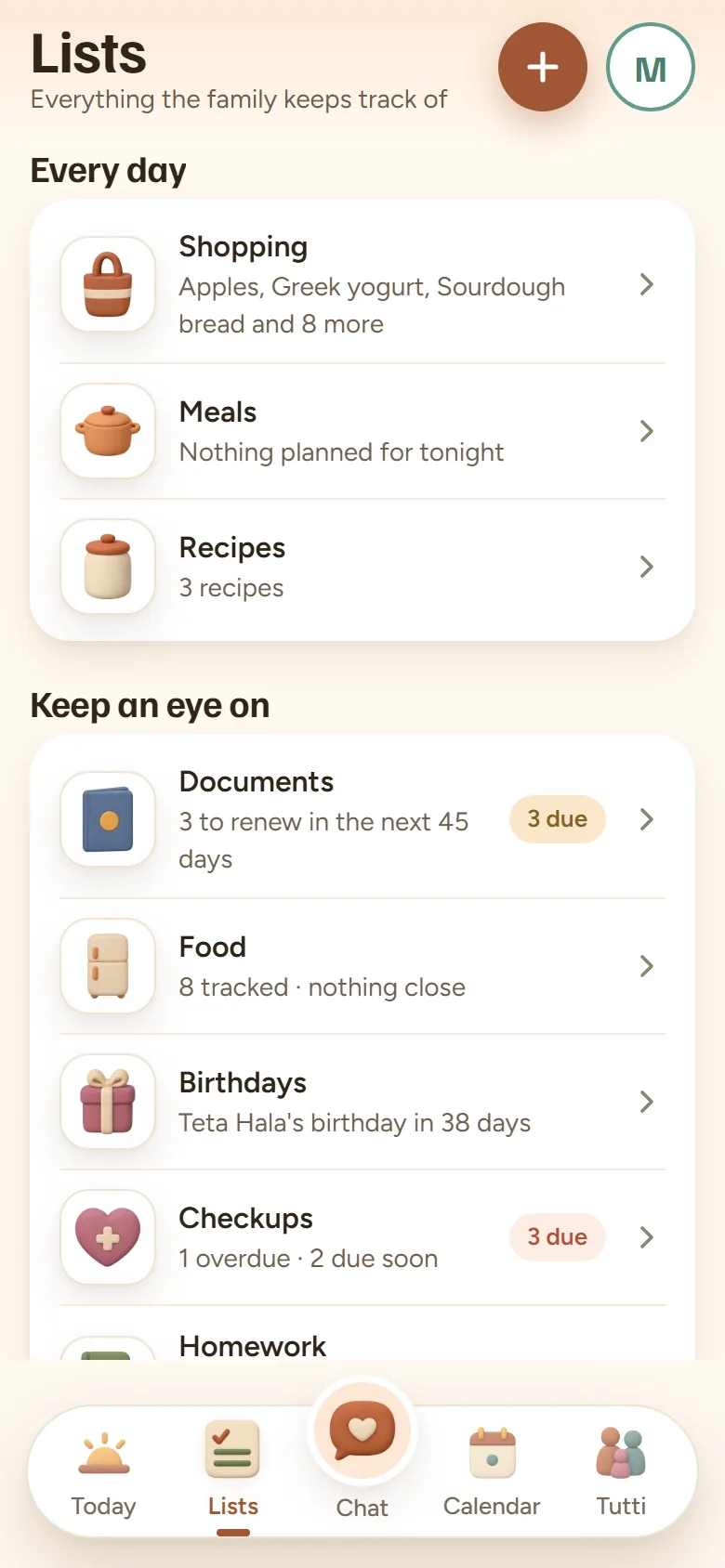 Tutti's Lists screen. Every day: the shopping list (apples, Greek yogurt, sourdough bread and 8 more), meals with nothing planned for tonight, and 3 recipes. Keep an eye on: 3 documents to renew in the next 45 days, 8 foods tracked and none close to going off, Teta Hala's birthday in 38 days, and checkups, 1 overdue and 2 due soon.