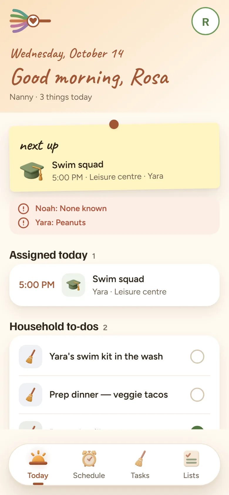 What Rosa, the nanny, sees in Tutti: three things today, next up Yara's swim squad at 5pm at the leisure centre, the children's allergies (Yara: peanuts), the swim squad as the one run assigned to her, and the household to-dos, starting with Yara's swim kit in the wash and dinner prep.