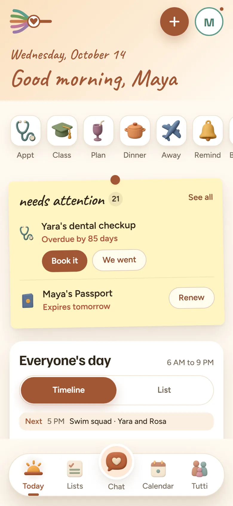 Tutti's Today screen greeting Maya. Below it, quick adds for an appointment, a class, a plan, dinner, time away and a reminder. A needs attention note counts 21 things, led by Yara's dental checkup, 85 days overdue, with Book it and We went buttons, and Maya's passport, which expires tomorrow, with Renew. Underneath, everyone's day from 6am to 9pm, and next up, Yara's swim squad at 5pm with Rosa.